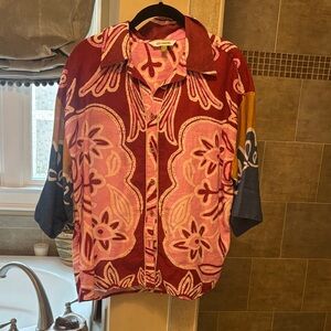 Colorblocked Floral Button-Down Shirt - Pink & Maroon